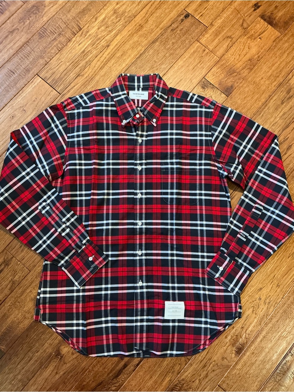 Thom Browne Red Black White Plaid Button Down Shirt, Long Sleeve, Size 4/XL